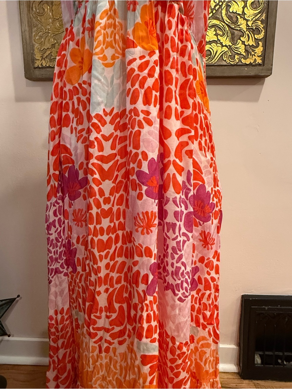 Oliphant Orange, Pink & White Floral Maxi Dress - Ruffle V-Neck - Picture 2 of 5